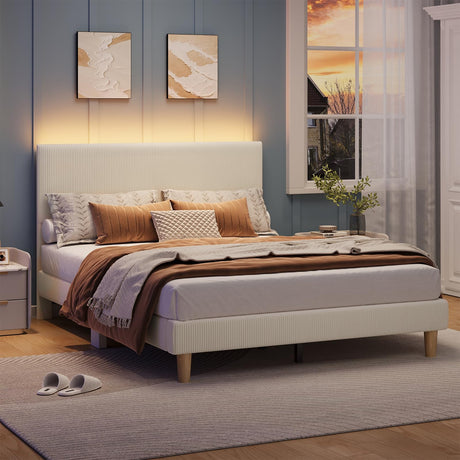 Bestier Queen Bed Frame with Adjustable Headboard, LED Lighting, Vertical Channel Tufted Corduroy Upholstered, Solid Wooden Slats Support, No Box Spring Needed, Never Squeaks, Easy Assembly, Beige Bestier