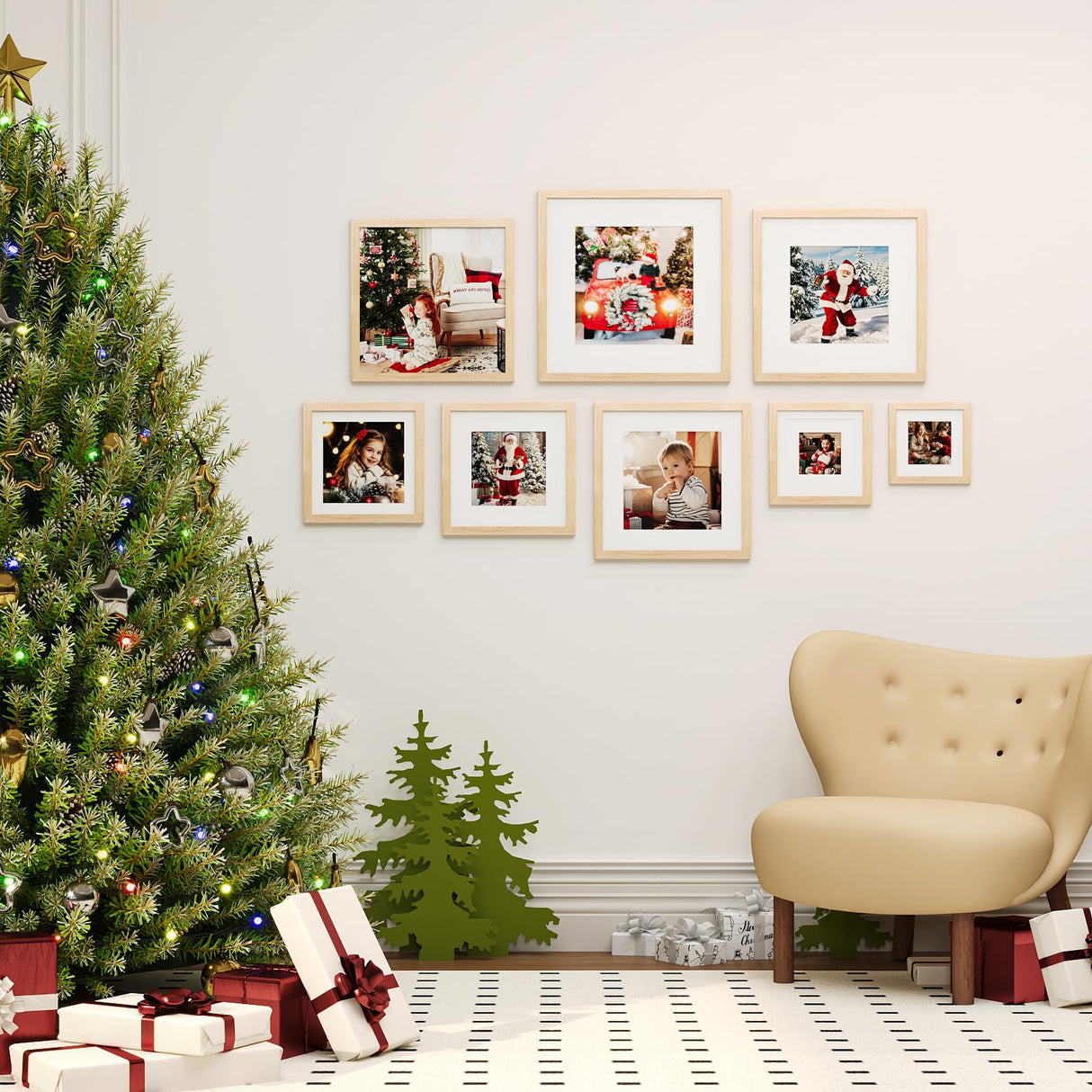 KINLINK 12x12 Picture Frame, Natural Square Solid Wood Frames for Pictures 8x8 with Mat or 12x12 without Mat, Wall Display Photo Frames Natural Wood 4 Pack KINLINK