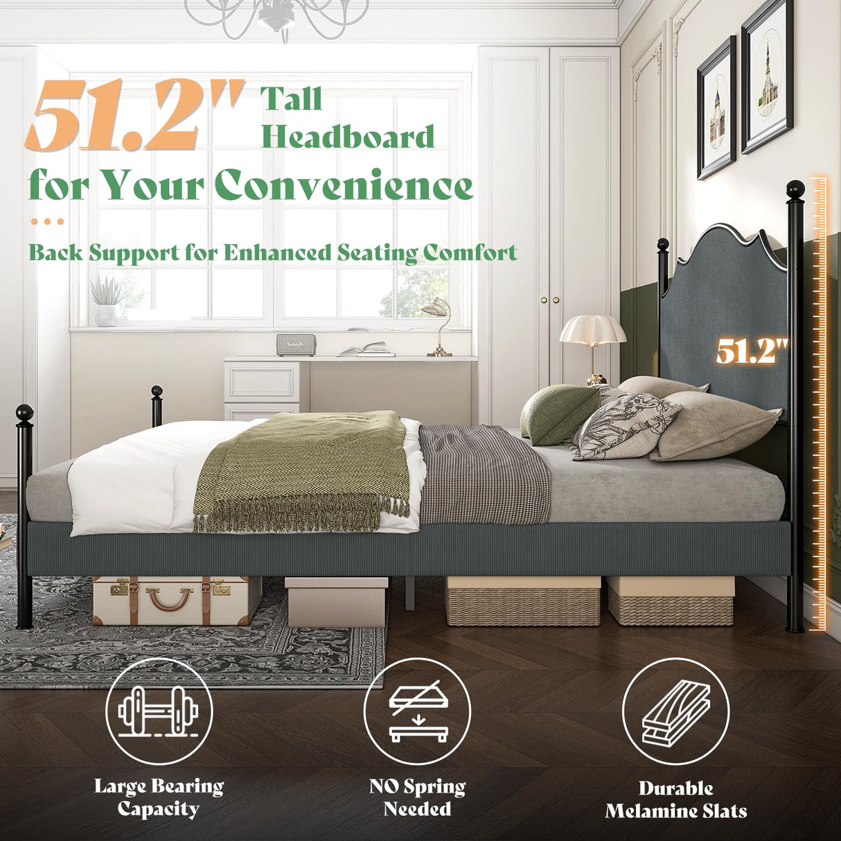 AMERLIFE Upholstered Full Size Bed Frame with 51.2" Tall Headboard, Metal Four Poster LED Beds for Bedroom, Easy Assembly, Wooden Slats, Dark Grey AMERLIFE