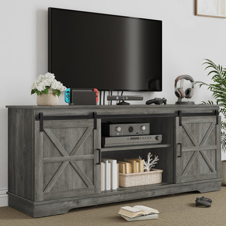 YITAHOME Farmhouse TV Stand for 65/60/55 Inch, Modern Entertainment Center with Sliding Barn Door, Wood TV Media Console Storage TV Cabinet for Living Room for 300lbs, Rustic Grey YITAHOME