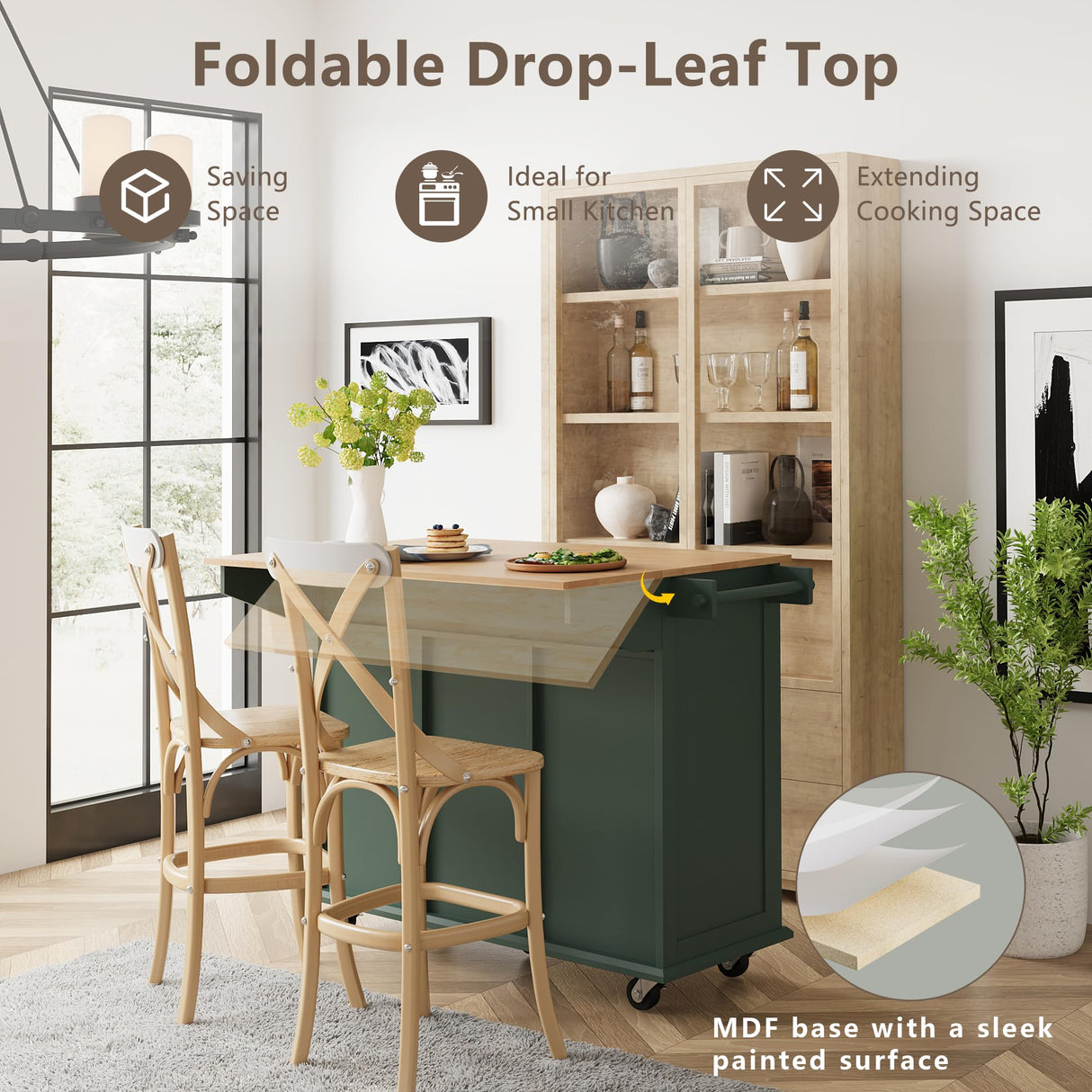 win2win Rolling Kitchen Island with Storage, Portable Kitchen Island with Drop Leaf Breakfast Bar, Modern Farmhouse Kitchens Cart on Wheels with Fluted Design, Towel Rack, Spice Rack, Green win2win