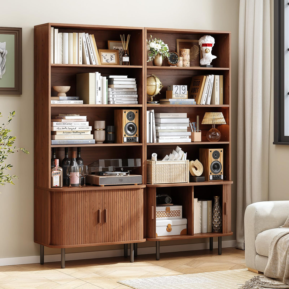 ONBRILL 71" Tall Bookshelf, 4-Tier Bookcase with Storage Cabinet & Adjustable Storage Shelf, Freestanding Wood Bookshelf with Sliding Door and Adjustable Footpad, for Home Office, Living Room, Walnut ONBRILL