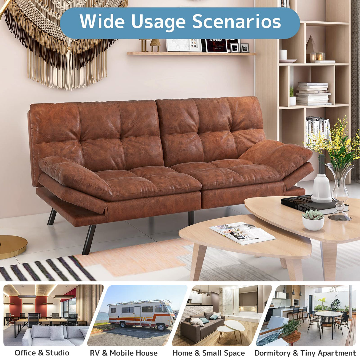 wOod-it Futon Sofa Bed, Memory Foam Foldable Couch Convertible Loveseat Sleeper Daybed with Adjustable Armrests for Small Space, Studio, Office, Apartment, Compact Living Room, Brown wOod-it