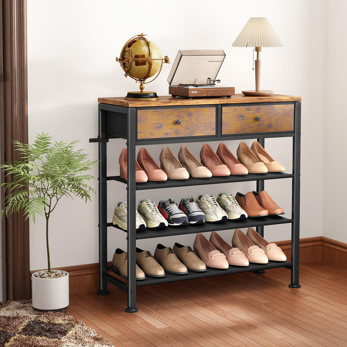Kitstorack Shoe Rack, 4 Tier Shoe Organizer for 9-12 Pairs of Shoes, with 2 Drawers, 3 Fabric Shelves and Wooden Top, Shoe Rack for Closet Entryway, Rustic Brown Kitstorack