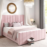 HOMBCK Full Size Bed Frame, Pink Bed Frame Full with Vertical Channel Tufted Headboard, Soft Bed Frame, Velvet Upholstered Bed Frame with 22" Footboard, Mattress Foundation, Easy Assembly, Pink HOMBCK