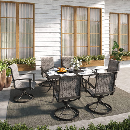 Grand patio Outdoor Dining Set for 6, Patio Dining Set with 6-Piece Mesh Sling Rocking Chairs, 1-Piece Large Rectangular Woodgrain Dining Table with Umbrella Hole, Black & Grey Plaid - WoodArtSupply