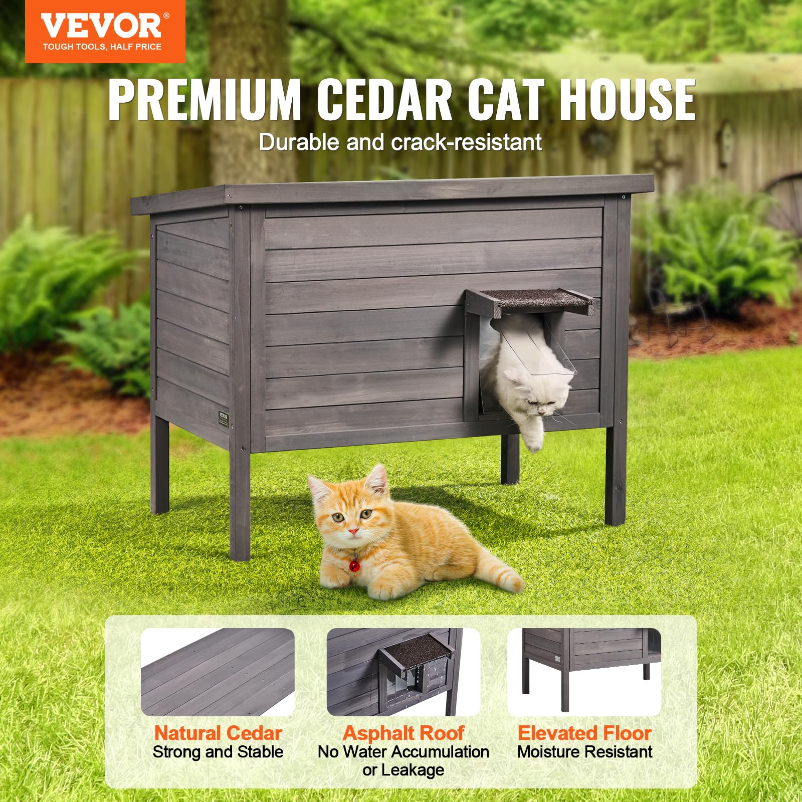 VEVOR Outdoor Cat House Weatherproof, Feral Cat Shelter for Multiple Cats, Outdoor Wooden Cat Rabbit House with All-Round Foam Insulated, Open Roof, PVC Door Flaps, 34" L x 22" W x 27" H - WoodArtSupply