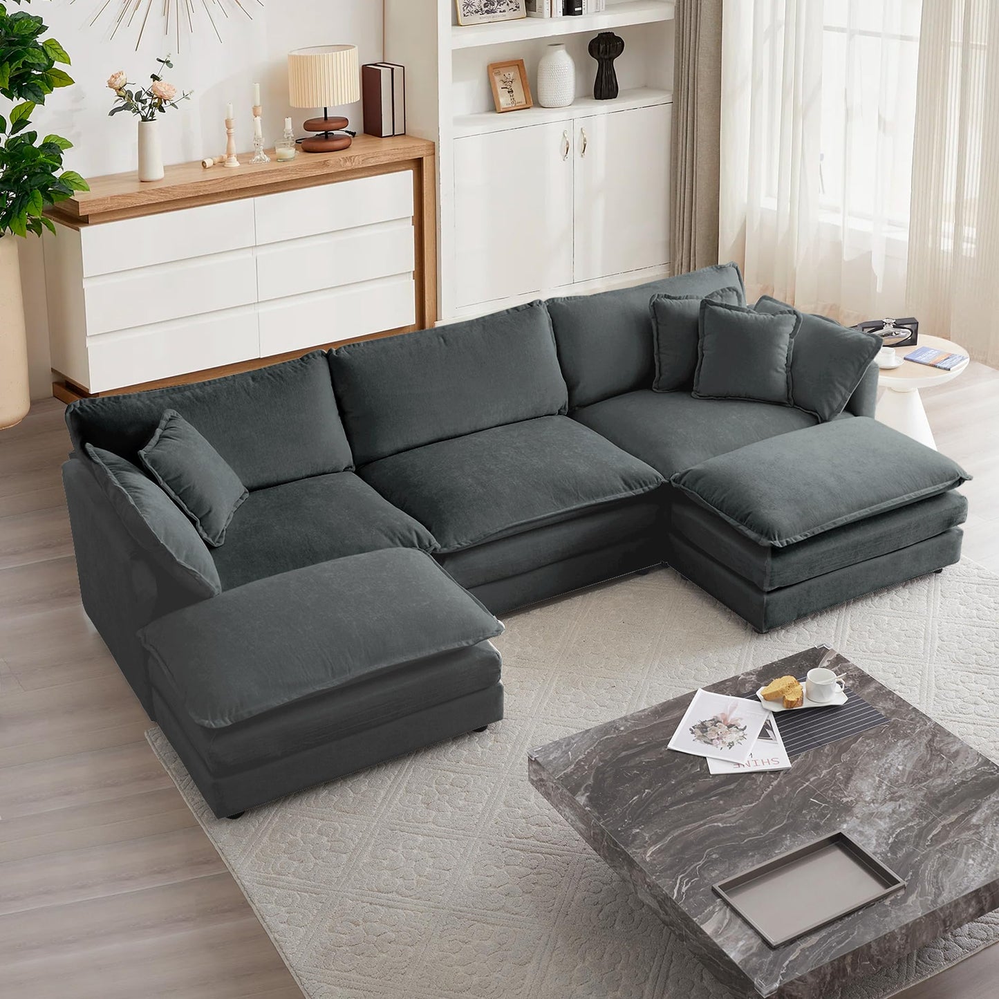 mikibama Modular Sectional Sofa, 111.5 Inch U Shaped Couch Set for Living Room, 3-Seater Comfy Cloud Couches with Movable Ottoman, DIY Combination, Chenille, Grey