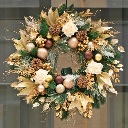 Christmas Wreaths for Front Door with Lights Pre-Lit, Soomeir 24“ Champagne Gold Door Wreath with Ball Ornaments, Battery Operated Holiday Thanksgiving Fall Winter Decor (Gold)