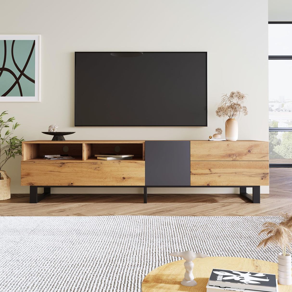 Merax Modern TV Entertainment Center with 3 Cabinets & Open Shelves, Wood TV Stand for TVs Up to 80” for Living Room Bedroo (Wood Color) Merax
