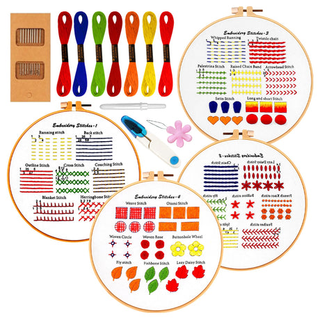 Fashhut 4-Set Embroidery Kit for Beginners with Hoop, Thread, Needles & Patterns | DIY Punch Needle & Cross Stitch Kits for Adults & Kids | Tutorial Videos Included Fashhut