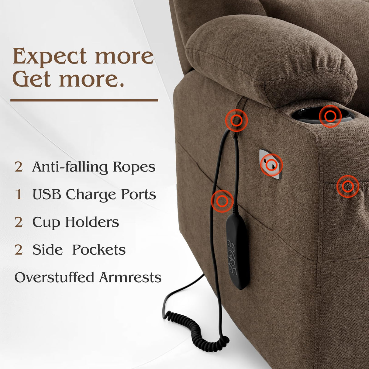 Power Lift Recliner Chair for Elderly with Extended Footrest, Infinite Position Lay Flat Recliner Chair for Adult W/Massage & Heating, Adjustable Headrest, 3-Motor Zero Gravity,Cup Holder, Fabric RESTREAL