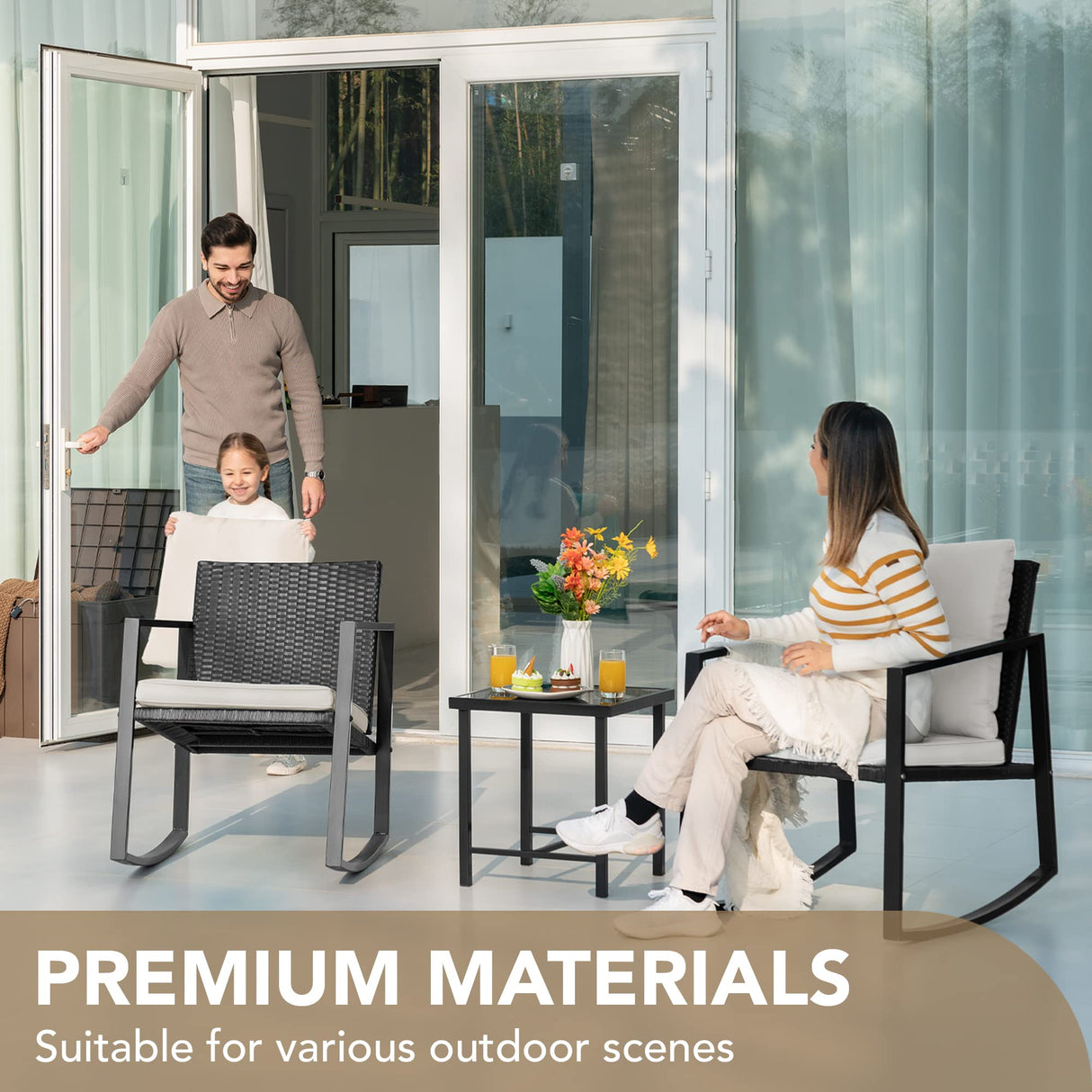 Devoko 3 Piece Rocking Bistro Set Wicker Patio Outdoor Furniture Porch Chairs Conversation Sets with Glass Coffee Table (Beige) Devoko