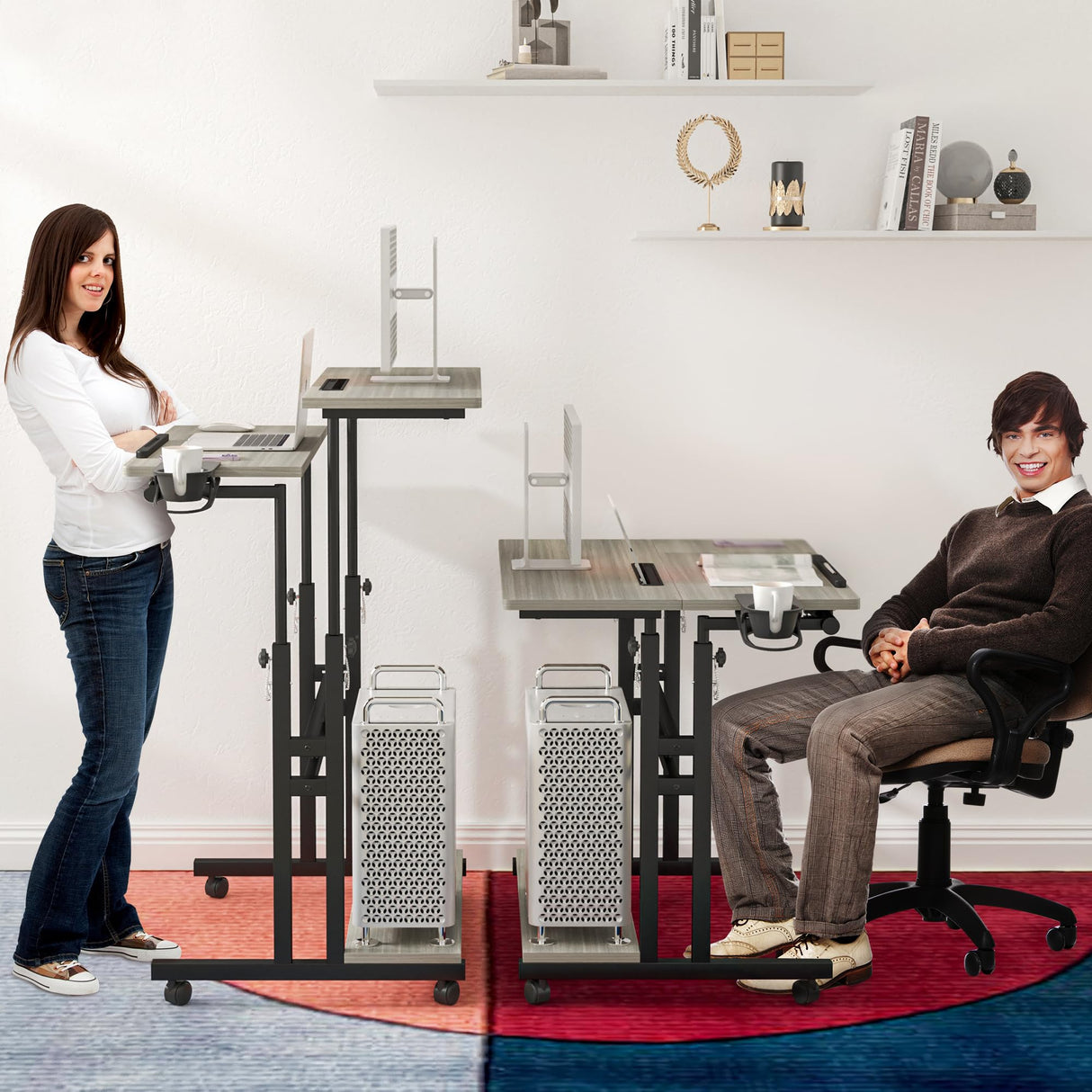 Mobile Standing Desk, Adjustable Rolling Computer Desk with 3 Desktops, Portable Laptop Table with Cup Holder, Home Office Laptop Workstation on Lockable Wheels, Grey Oak Panta