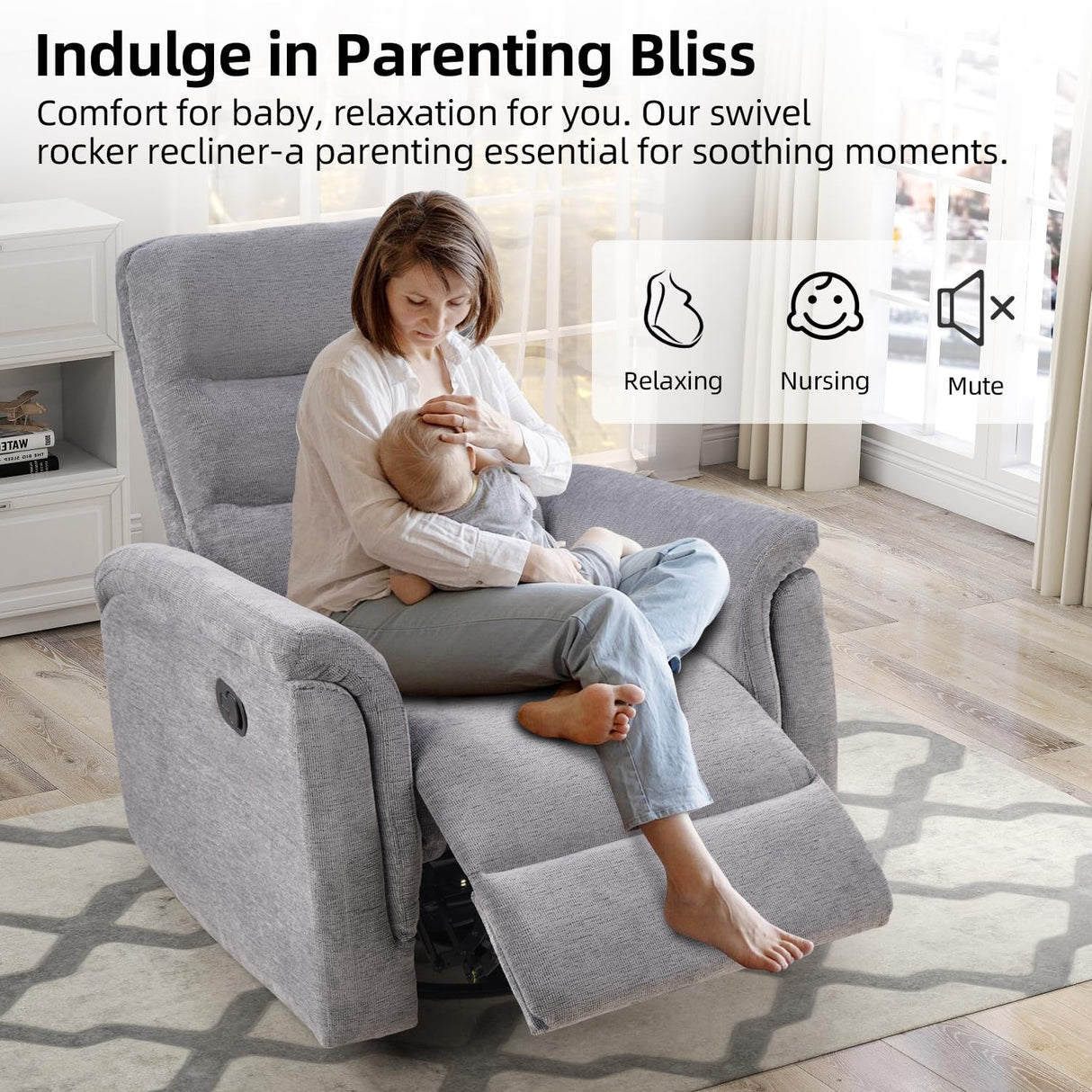 INZOY Swivel Rocker Recliner, Nursery Glider Chair, Manual Chairs Swivel Glider Recliners with Soft Backrest, Fabric Manual Reclining Sofa for Living Room Bedroom Apartment, Grey INZOY