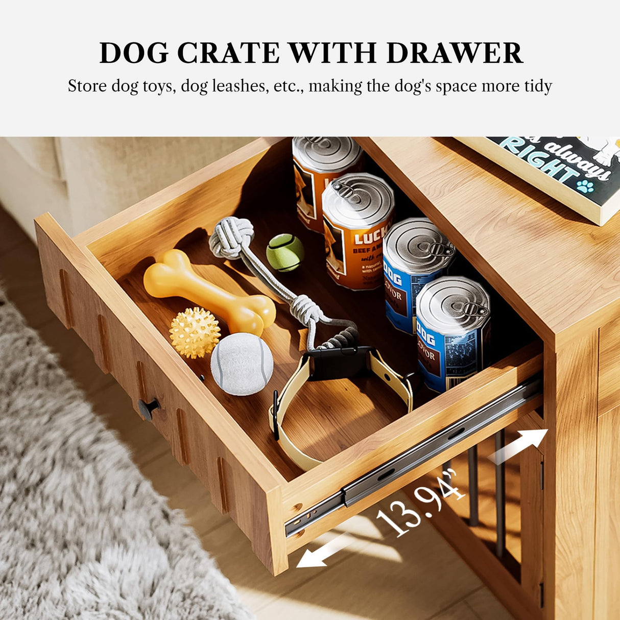 LIKEMET Dog Crate Furniture for Small Dogs, Wooden Dog Kennel with Drawer, Indoor Pet Crate End Table with 1.18-inch Tabletop, Decorative Pet Cage Dog House, Walnut LIKEMET