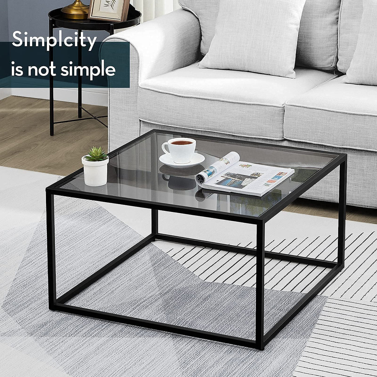 SAYGOER Glass Coffee Table, Small Modern Coffee Table Square Simple Center Tables for Living Room 26.7 x 26.7 x 17.7 Inches, Gray Black SAYGOER