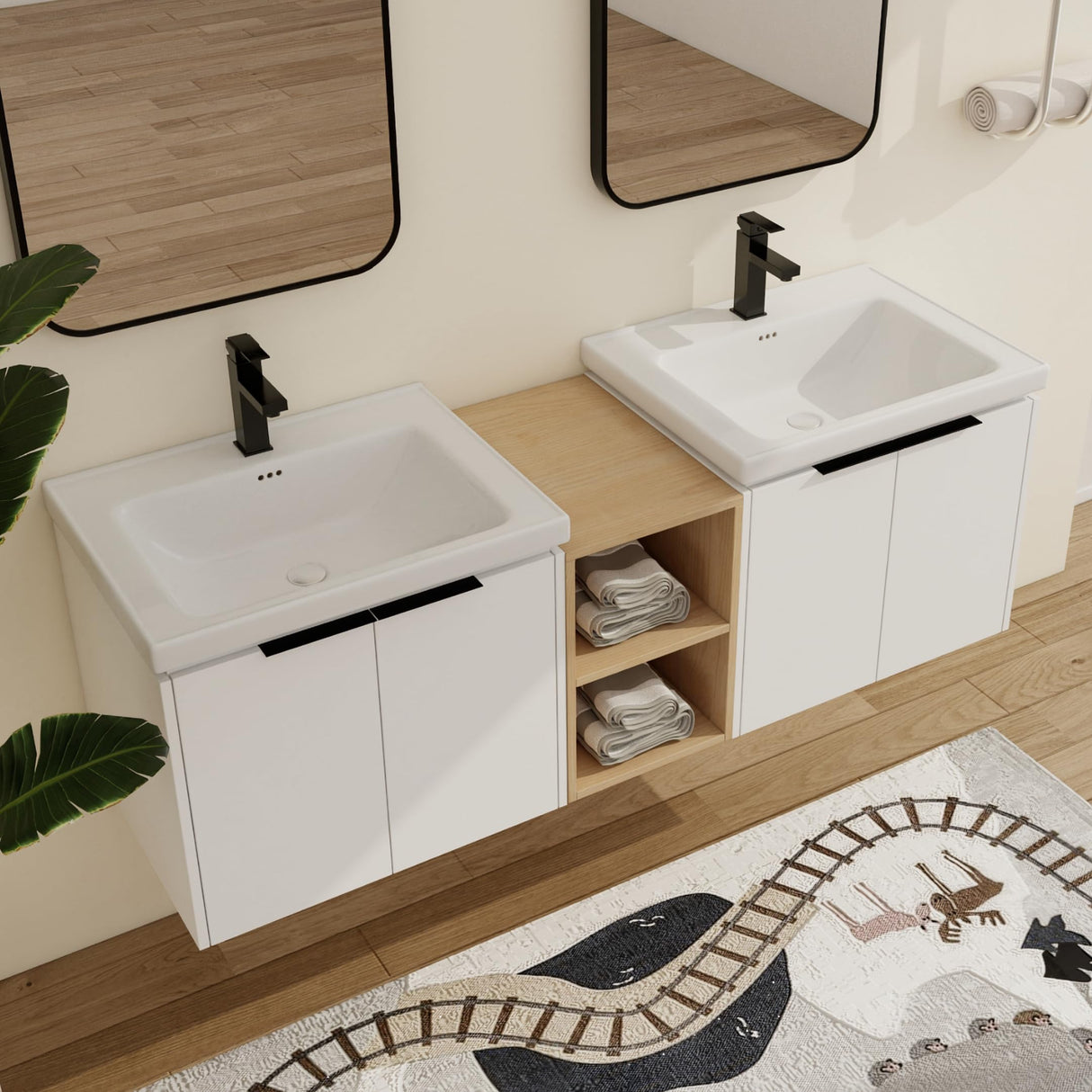 Malwee 60" Floating Bathroom Vanity with White Ceramic Basin Sink Top, 60 Inch Double Sink Wall Mounted Bathroom Vanity, with 4 Doors and Storage Shelve Malwee