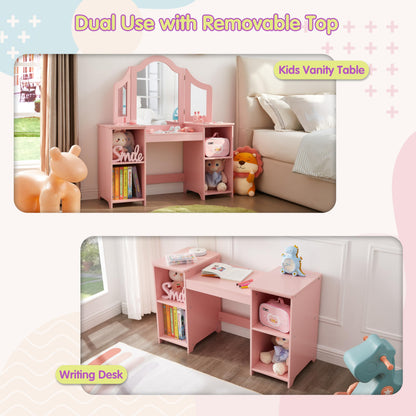 2 in 1 Kids Vanity, Princess Makeup Table with Open Storage Cabinet, Pretend Play Vanity with Detachable Tri-fold Mirror for Little Girls Age 3-9 (Pink)