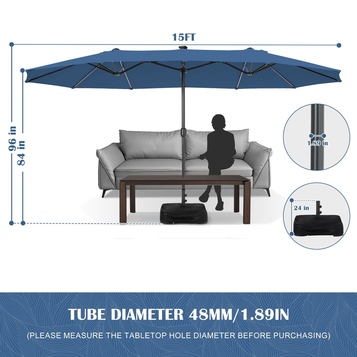 Sundale Outdoor Solar 144 LED 15 ft Patio Umbrella with Sandbag Base Included and Cover, Outdoor Double-Sided Umbrella, Navy Sundale Outdoor