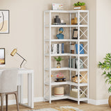 LITTLE TREE 7-Shelf Corner Bookshelf Modern Corner Bookcase Corner Shelf for Living Room Home Office, White LITTLE TREE