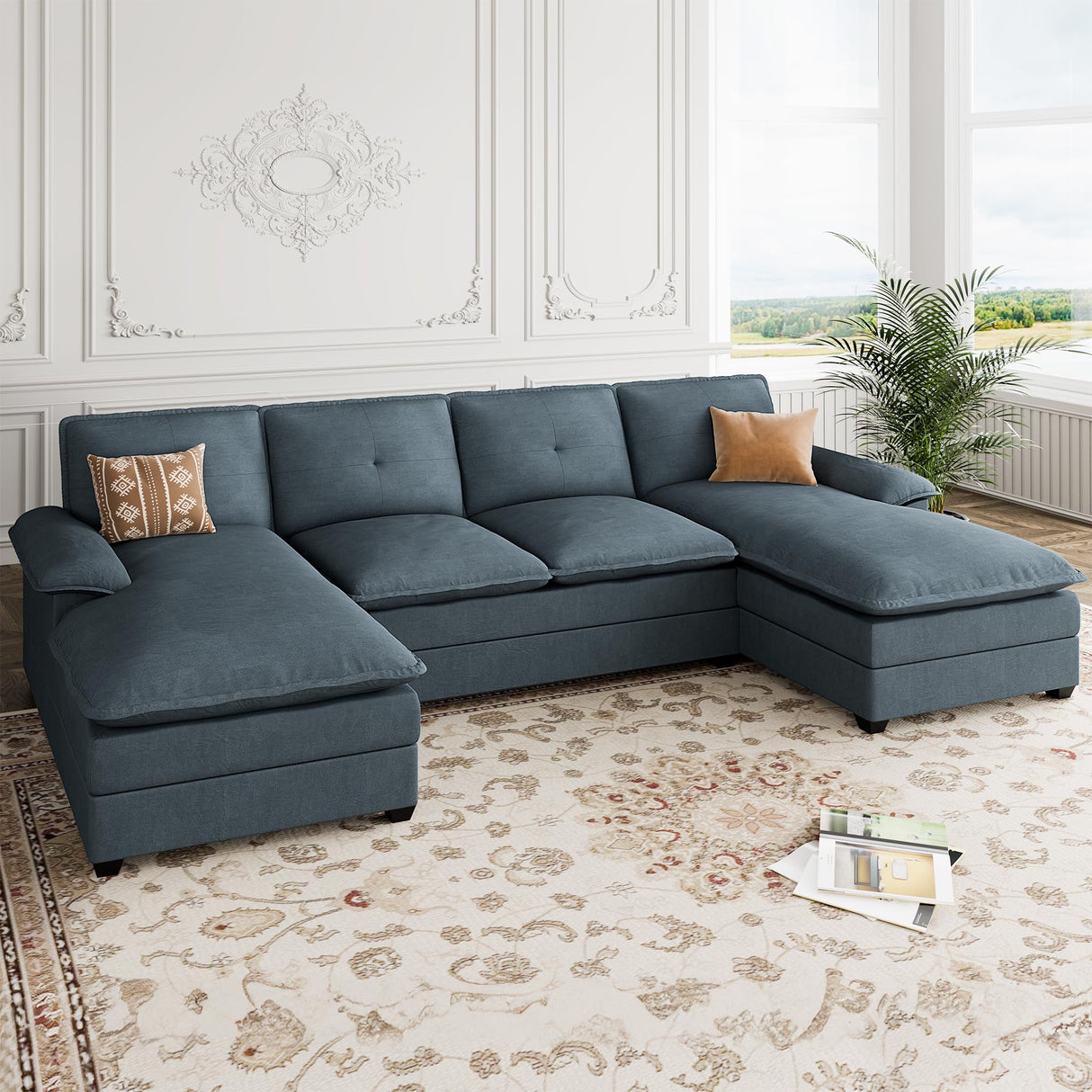 110" Sectional Couches for Living Room,4-Seat U Shaped Couch with Double Chaise,Modular Sofa Couches Sleeper with Thick Cushion & Soft Backrest,Dark Grey Shintenchi