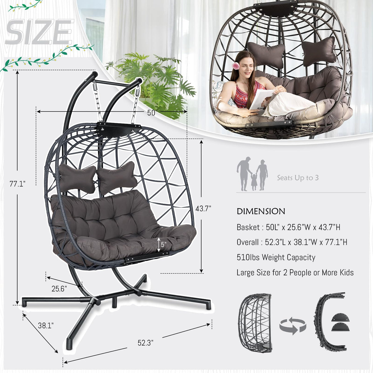 BLUEXYARD Extra Large Double Hanging Egg Chair with Stand, 2 Person Outdoor Indoor Swing Chair, 700 Lbs Heavy‑Duty Wicker Hammock Loveseat with Cushion for Patio Balcony Backyard, Dark Gray BULEXYARD