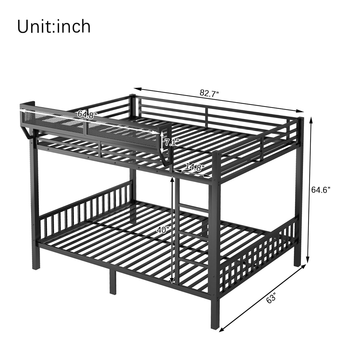 KEIKI Queen Over Queen Size Metal Bunk Bed Frame with Ladder and Built-in Storage Shelves, for Teens, Bunk Bed with Solid Slats, Guardrail, No Box Spring Required, Easy Assembly, for Bedroom, Black KEIKI