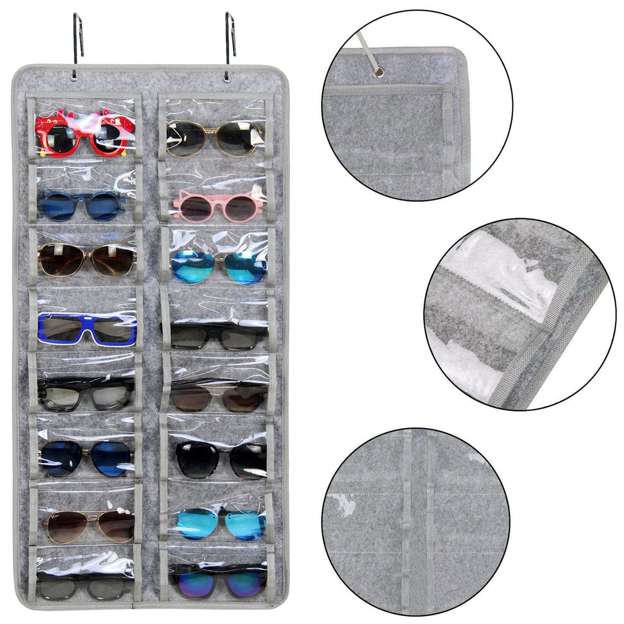 Casaphoria Sunglasses Organizer Storage, Hanging Dust Proof Wall Pocket Glasses Organizer - 16 Felt Slots Sunglass Organizer Holder with Metal Hook and Sturdy Rope, X-Large, Gray, Dust Proof Casaphoria