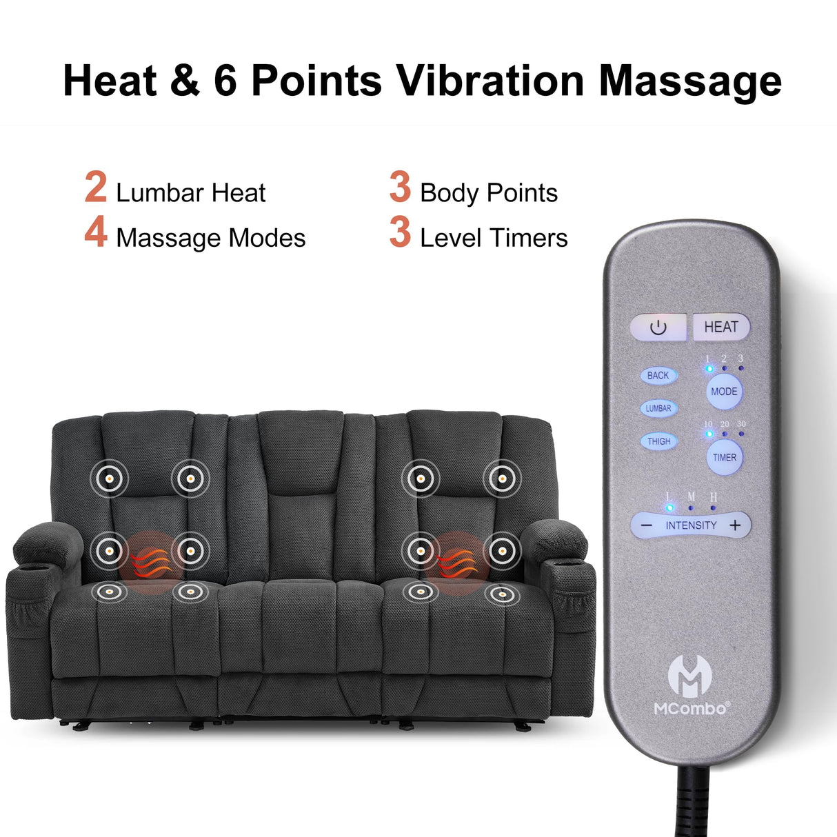 MCombo Zero Gravity Power Reclining Sofa with Heat and Vibration Massage, 3 Seater Reclining Couch with USB Ports, Cup Holders for Living Room, Fabric 6035SET (Grey, 3 Seater) MCombo