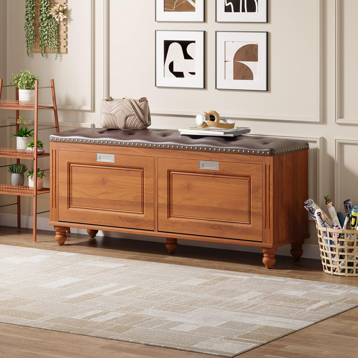 Tribesigns Shoe Storage Bench with 2 Flip Drawers, Entryway Shoe Bench with Tufted Leather Seating, Hallway Bench with Shoe Storage Cabinet, Hidden Shoe Organizer, Solid Wood Legs Tribesigns
