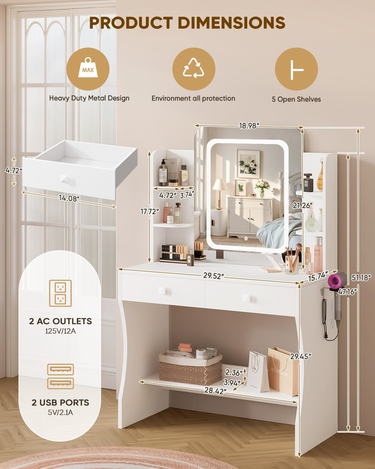 LIVELYGLOW Small Makeup Vanity Desk, 29.5" W x 15.8" D x 51.2" H, White (Smart LED Mirror, Hairdryer Rack, Power-Outlet, 5 Shelves, 2 Drawers) LIVELYGLOW