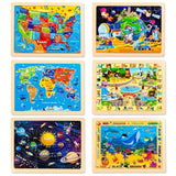 EggSun Wooden Puzzles for Kids Ages 4-6, 6 Packs 24Pcs Solar System States World Map Wooden Puzzles for Kids 3 4 5 6 Year Old, Preschool Educational Brain Toys Gifts for Boys and Girls EggSun