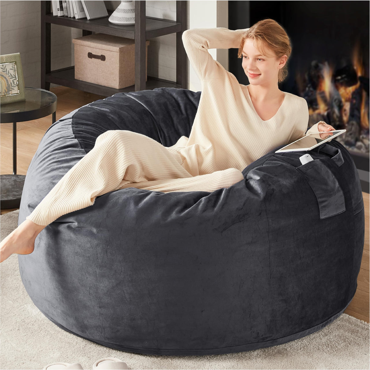 Codi Bean Bag Chair with Filler Included, 4 FT - Comfy Large Beanbag Chairs for Adults - Machine Washable and Soft Mink Bonded Cover - Charcoal Grey, 4ft Codi