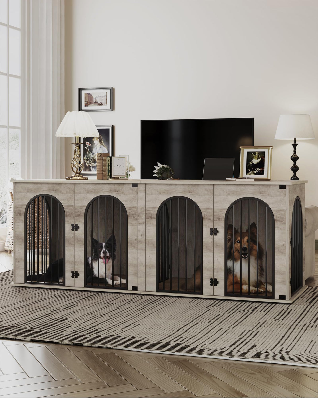 Hzuaneri 88.4" Dog Crate Furniture for 2 Dogs, Heavy Duty Indoor Dog Kennel TV Stand, XXL Wooden Dog Cage with Divider for Medium Large Dogs, End Table Dog Crate with Cushion, Greige Black DFC84005BV1 Hzuaneri