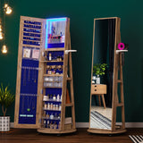 HNEBC 360° Swivel Jewelry Armoire with Mirror, LED Mirror Jewelry Cabinet Standing, Full Length Mirror with Jewelry Storage, Standing Jewelry Organizer/Lockable Wheels/Foldable Makeup Shelf (Wood) HNEBC