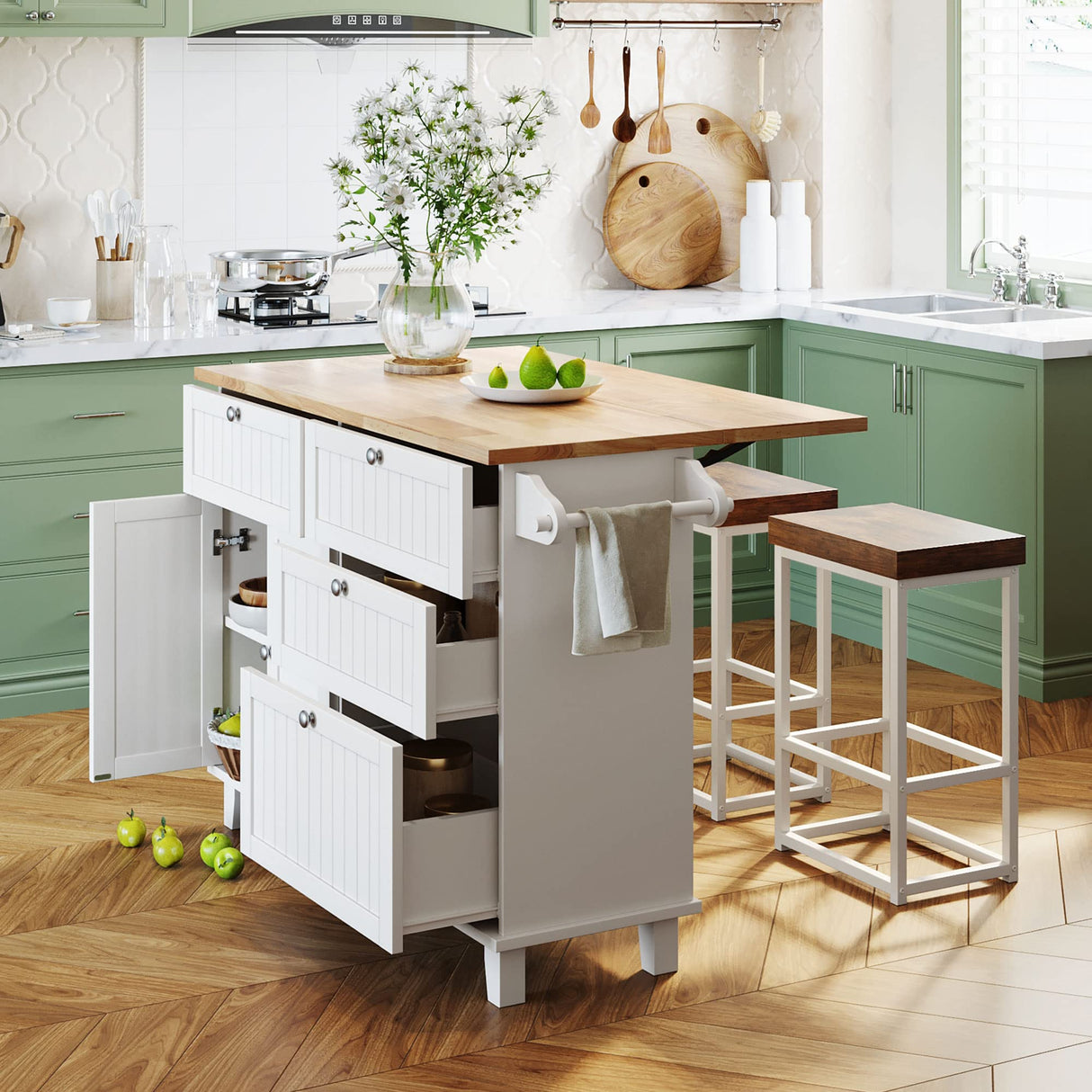 Merax Kitchen Island Set with 2 Stools, Solid Wood Dining Table with Drop Leaf Design, Storage Cabinet, Drawers and Towel Rack, 50.3" x 29.5", White Merax