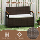 RELAX4LIFE Wicker Outdoor Storage Bench - Rattan Deck Box w/Protective Liner for Patio Furniture Pillows, Pool Supplies & Garden Tools, Porch Loveseat with Seat Cushion, Acacia Wood Armrests RELAX4LIFE