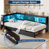 Twin Corner Bed Frame with Storage Bookcase, Twin Daybed with Charging Station and LED Light, Kids Bed Unit with Storage Drawers Underneath, Dark Grey Modern Metal Platform Bed Frame Twin Size LUSIMO