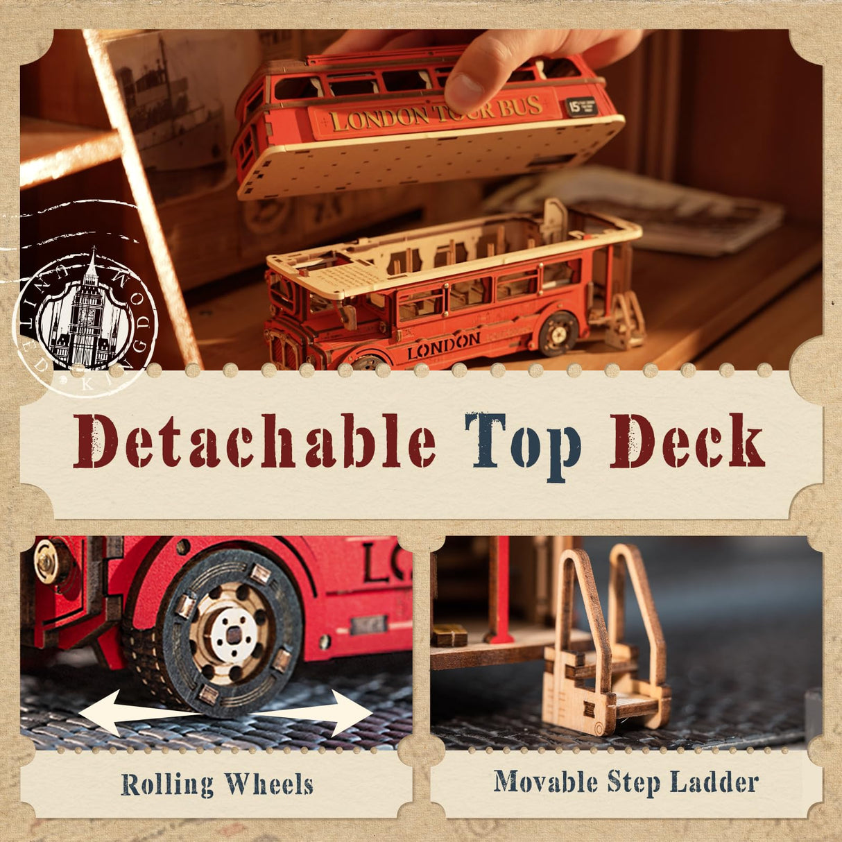 ROBOTIME 3D Puzzles for Adults Wooden Craft London Tour Bus DIY Model Kit to Build Educational Brain Teaser Toy for Kids Craft Decor Gift ROBOTIME