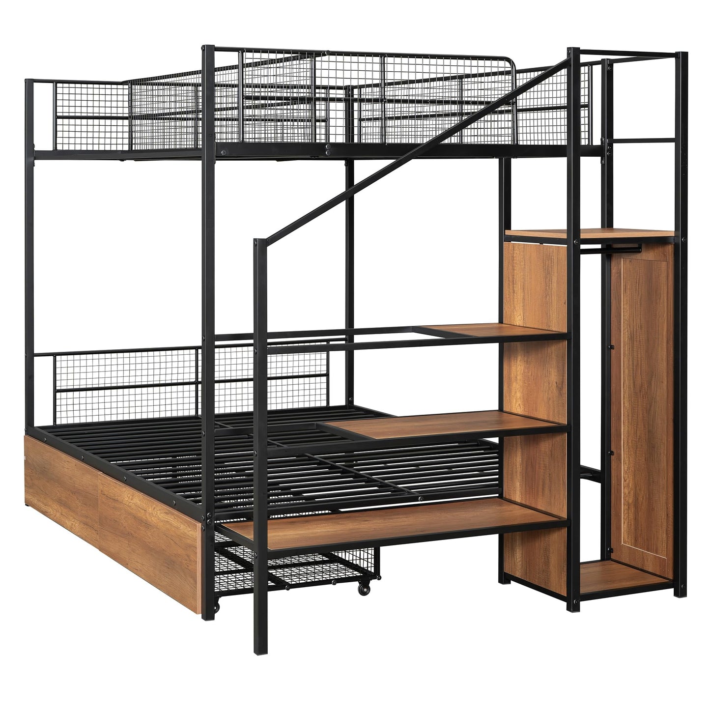 Twin Over Full Metal Bunk Bed with Stairs, Wardrobe and Storage Drawers and Shelves, Modern Style Heavy-Duty Steel Frame Bunk Bed with Safety Rail, for Bedroom, Dorm, Black