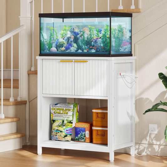 DWVO 20-29 Gallon Aquarium Stand with Power Outlets, Cabinet for Fish Tank Accessories Storage - Metal Frame Fish Tank Stand Suitable for Turtle Tank, Reptile Terrarium, 350LBS Capacity, White