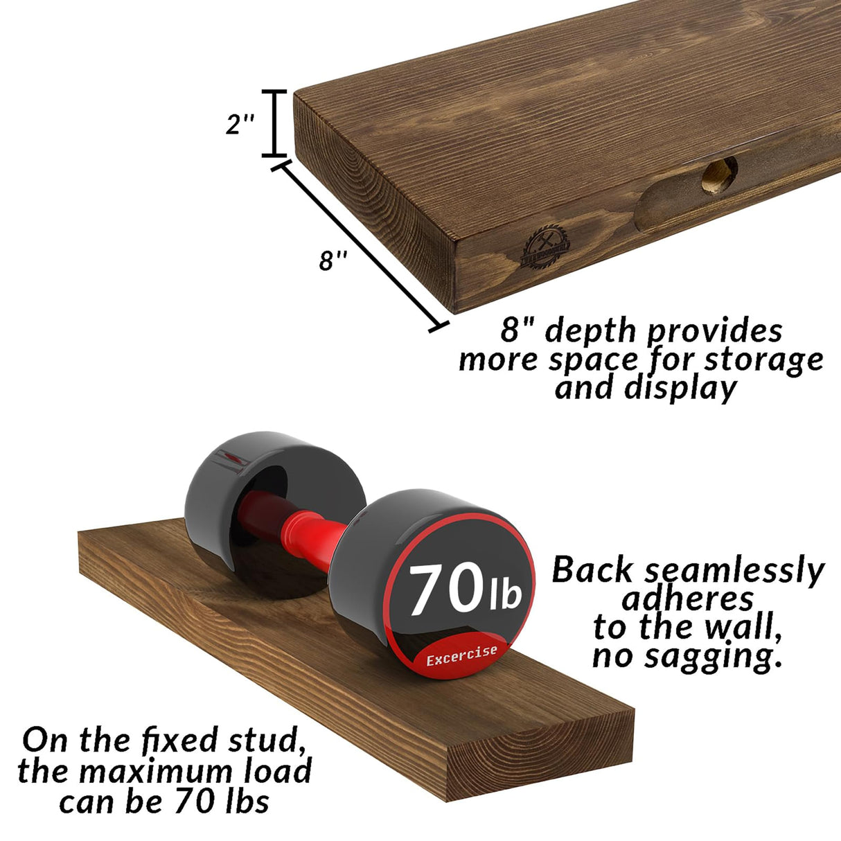 XWNE Rustic Floating Shelves 60 inch Long 8 "deep Set of 2, Heavy Duty Wood Wall Mounted Shelves for Bathroom Living Room Kitchen,Book Shelves with Thickened Hidden Bracket- Walnut XWNE