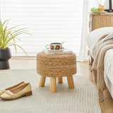 ALeesing Round Ottoman Natural Seagrass Footstool, Round Footstool with 4 Wood Legs, Hand Woven Round Footstool Sofa Stool, Multifunctional Modern Dressing Stool, Sofa Side Table for Bedroom (Nature) ALeesing
