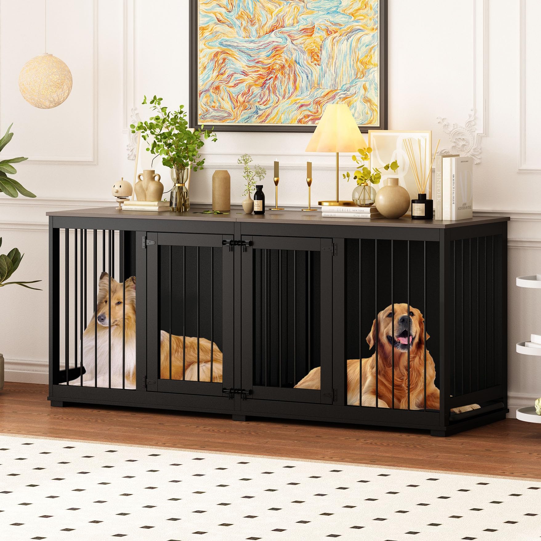 DAWNSPACES Large Funiture Style Dog Crate for 2 Dogs, 70" Wooden Dog Kennel Furniture with Removable Divider & 2 Trays, Indoor Heavy Duty Dog House w/Double Rooms for Large Medium Dogs, Black - WoodArtSupply