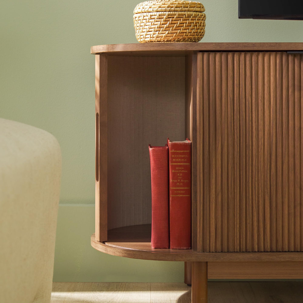 Walker Edison Chloe Curved Reeded TV Stand, Sliding Doors, 65 Inch, 60 inch, Mocha Walker Edison