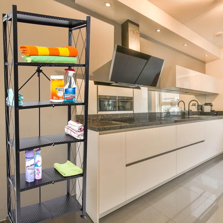 Origami 6 Tier Classic Stamped Metal Storage Shelves for Books, Decor, Vinyl Records, and Garage Organization and Storage, Black Origami