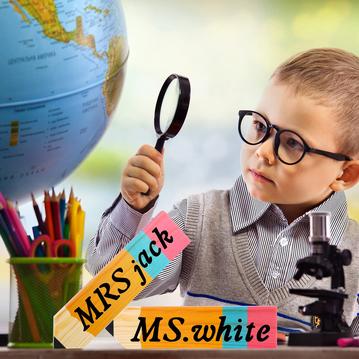 Zonon 8 Pieces Personalized Pencil Name Plate Blank Wooden Desk Sign with Marker Pen and English Letter Template Teacher Appreciation Presents for Classroom School Wood Decor Christmas Party Supplies Zonon