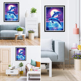 MXJSUA Jumping Dolphins DIY Diamond Painting by Number Kits for Adults, Animal 5D Round Drill Diamond Gem Art Painting Picture Arts Kits Craft for Home Wall Decor 12x16 Inch MXJSUA