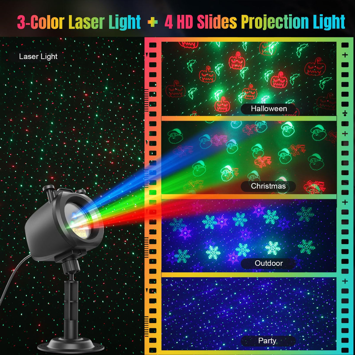 Halloween Christmas Laser Lights Projector Outdoor with 4 Dynamic Slides, 2-in-1 Moving RGB Firefly Laser Lights with Remote,Timer, Landscape Holiday Porjector for Window Wall Xmas Decor Qardoz